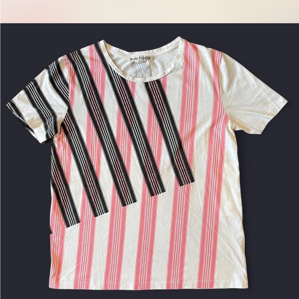 Acne Studios Pink and Black Short Sleeve Tee with Diagonal Stripes.